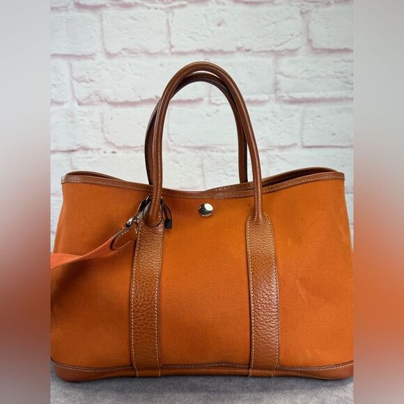 Hermes Garden Party Small Orange Toile Leather Canvas Tote Bag - Picture 3 of 16